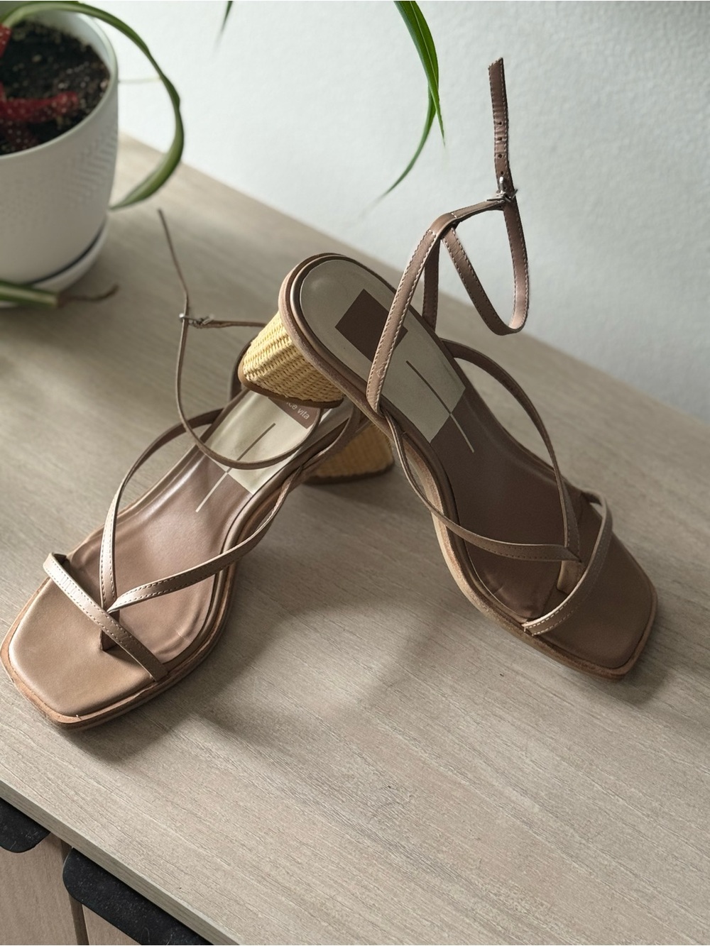 Dolce Vita Tan Strappy Woven Block Heel Sandals - Picture 1 of 3